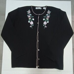 Vintage Northern Isles Black Cardigan Embroidered Floral Sweater XL